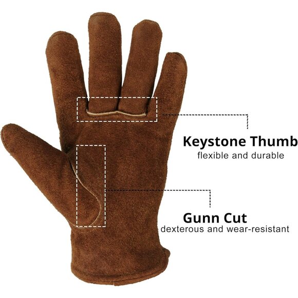 Brown Winter Thermal Leather Work Gloves with Thick Imitation Lambswool Lining - Picture 5 of 9